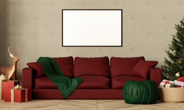 Cozy couch setting adorned with Christmas decorations, including a basket with gifts and a stylish red and green theme.
