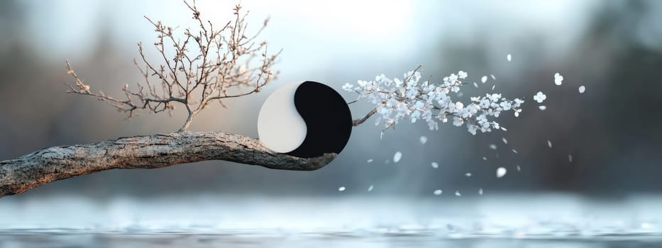 Creative banner: yin-yang symbol, harmonious contrast, balanced energy, spiritual duality, artistic design, minimalist expression, dynamic flow, philosophical theme, serene aesthetic