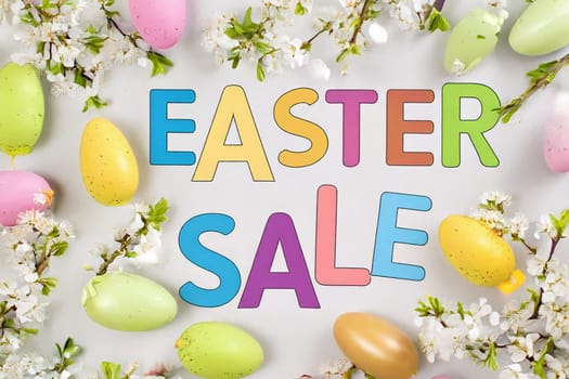ai generated,Vibrant Easter sale sign adorned with colorful eggs and delicate blossoms, evoking festive and springtime vibes. Perfect for seasonal promotions and holiday-themed marketing materials.