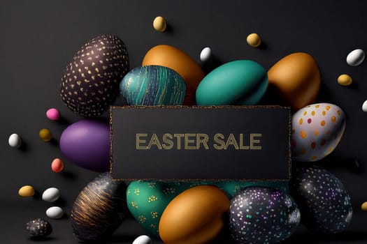 ai generated, Brightly colored Easter eggs arranged around a sign announcing an Easter sale. Vibrant and festive, perfect for seasonal promotions and holiday celebrations.