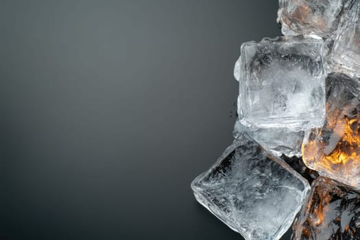 Ice cubes banner: minimalist style, clear design, frosty texture, chilled elements, crisp visual, refreshing look, cold sensation, subtle elegance, clean aesthetics
