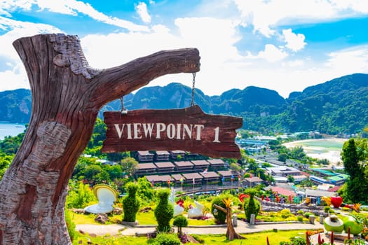 Viewpoint sign 1 information board on Koh Phi Phi Don island in Ao Nang Amphoe Mueang Krabi Thailand in Southeast Asia.