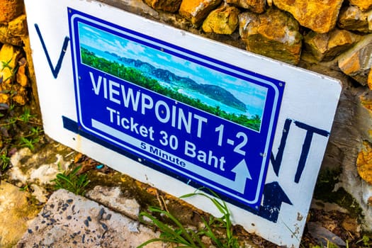 Viewpoint sign 1 and 2  information board on Koh Phi Phi Don island in Ao Nang Amphoe Mueang Krabi Thailand in Southeast Asia.