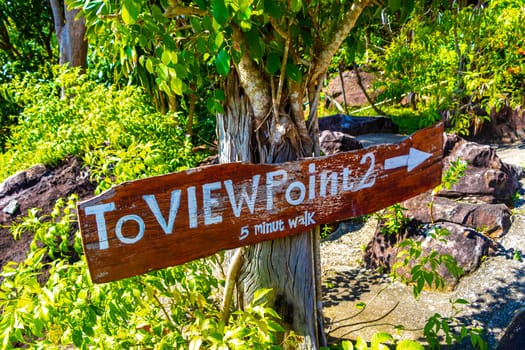 Viewpoint sign 2 information board on Koh Phi Phi Don island in Ao Nang Amphoe Mueang Krabi Thailand in Southeast Asia.