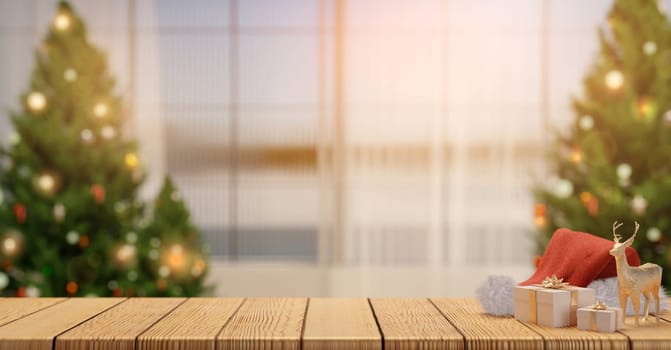 A 3D render of a festive scene featuring Christmas trees, wrapped gifts, and a Santa hat on a wooden surface, evoking holiday warmth and cheer.
