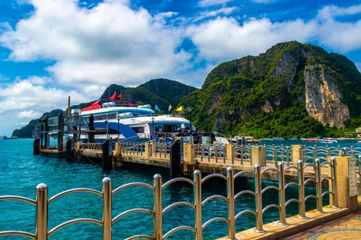 Ferry and boat pier harbor in tropical landscape on Koh Phi Phi Don island in Ao Nang Amphoe Mueang Krabi Thailand in Southeast Asia.