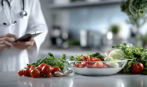 Doctor nutritionist: fresh vegetables, ripe fruits, balanced diet, proper nourishment, health strategy, wholesome food, dietary advice, nutritional focus, mindful eating, nutritious meals