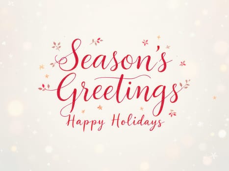 Elegant red season's greetings and happy holidays typography with decorative floral elements on a bright sparkling bokeh background