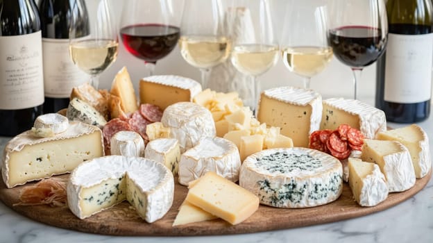 Variety of cheeses and cold cuts served on a wooden board, accompanied by glasses of red and white wine, creating an inviting appetizer platter