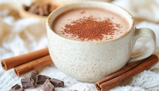 Aromatic hot chocolate topped with cocoa powder, accompanied by cinnamon sticks and chocolate chunks, creating a cozy winter beverage