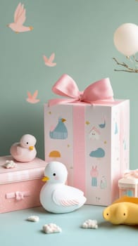 Charming baby shower gift box with pink ribbon, duck toys, and balloons creating a sweet and festive atmosphere