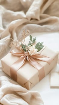 Beige gift box decorated with dried flowers and satin ribbon resting on a soft fabric