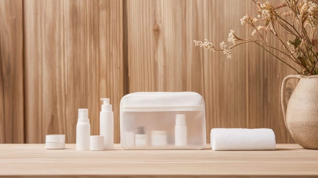 Transparent travel kit with beauty products, towel, and dried flowers in vase on wooden table