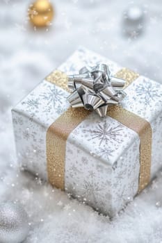 Elegant silver christmas gift box with gold ribbon bow on snowy background with falling snowflakes and christmas ornaments, perfect for holiday greetings