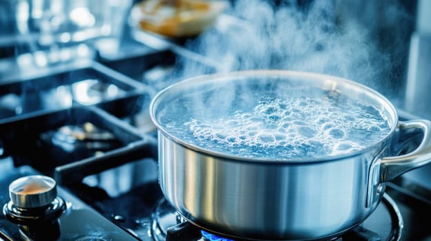 Pot of boiling water steaming on a modern kitchen stove