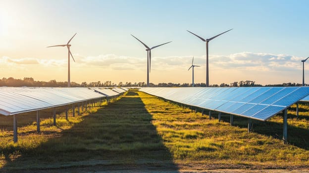 Rows of solar panels stand next to wind turbines, generating sustainable energy under a vibrant sunset sky