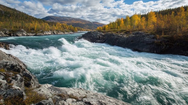 Powerful river rapids flowing through a scenic landscape with colorful autumn foliage in norway