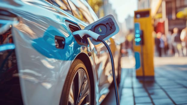 Power supply plugged into an electric vehicle charging at a public charging station on a city street