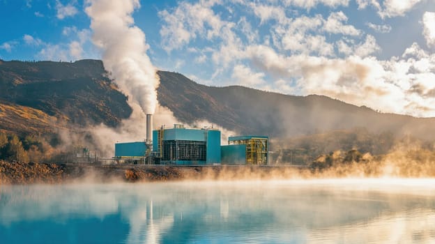 Geothermal power station releasing steam by a lake, providing sustainable and clean energy