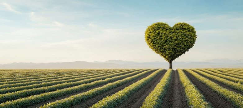 Lonely heart shaped tree growing in a cultivated field at sunset