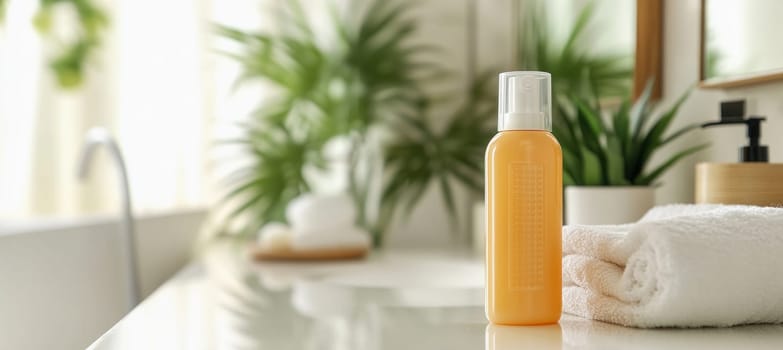 Orange plastic cosmetic bottle with white dispenser pump is standing on white glossy bathroom counter next to white cotton towels and green plants