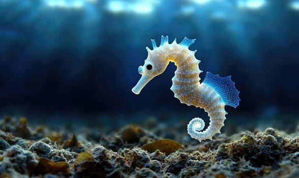 Radiant Seahorse: Fractal inspired seahorse, bioluminescent display, colorful patterns, luminous marine creature, glowing ocean creature, dynamic light display, surreal aquatic design