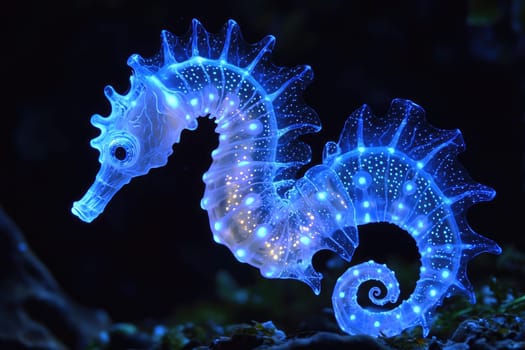 Radiant Seahorse: Fractal inspired seahorse, bioluminescent display, colorful patterns, luminous marine creature, glowing ocean creature, dynamic light display, surreal aquatic design