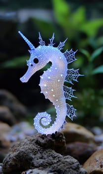 Glowing Seahorse: Bioluminescent fractal design, intricate patterns, radiant colors, mesmerizing glow, marine elegance, underwater beauty, unique visualization, luminous effect, surreal ocean life