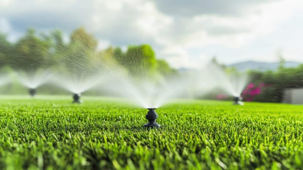 Sprinkler system irrigating lush green lawn in backyard garden on a sunny day