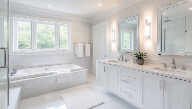 Bright, clean, and spacious white bathroom featuring a double sink vanity, soaking tub, and large window overlooking greenery