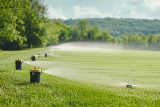 Automatic sprinkler system watering green grass on golf course or football field