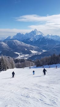 Skier enjoying sunny day skiing on snowy mountain slope with scenic alpine panorama