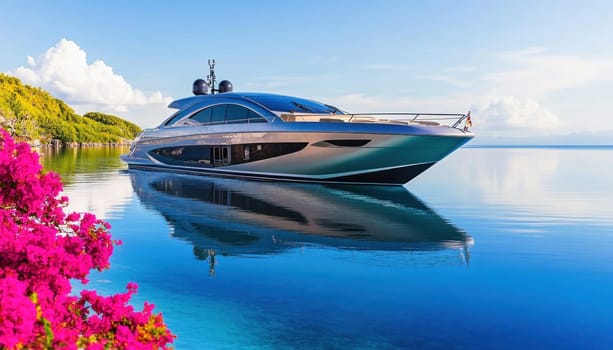 Modern yacht reflecting on perfectly still turquoise water near a tropical island with pink flowers and green vegetation