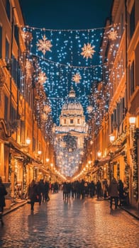 Shoppers strolling down via dei condotti in rome at christmas time with festive lights and decorations