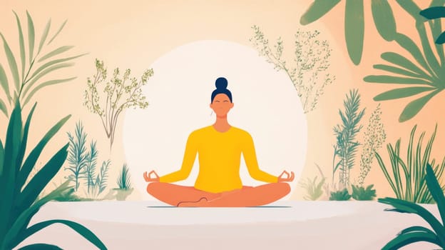 Woman practicing yoga and enjoying a peaceful meditation session in a tranquil environment with lush foliage