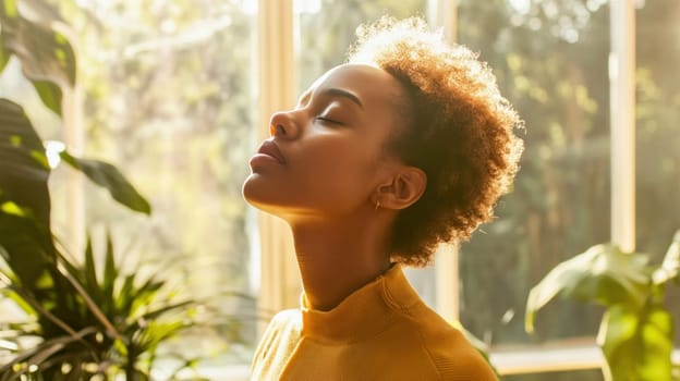 Serene young woman enjoying fresh air and sunlight, promoting mindfulness and well being