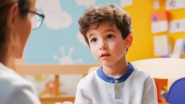 Curious preschool child talking with his teacher in a colorful classroom
