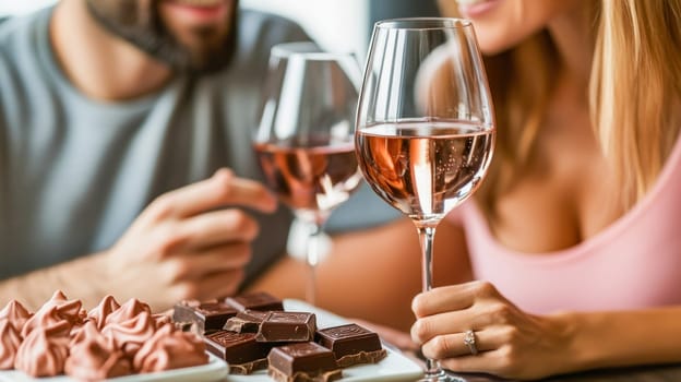 Couple sharing a romantic moment with glasses of rose wine and chocolate treats