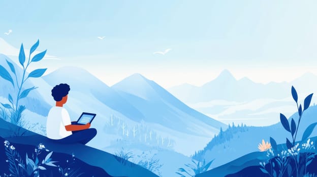 Freelancer is working remotely on a tablet while enjoying a beautiful mountain view