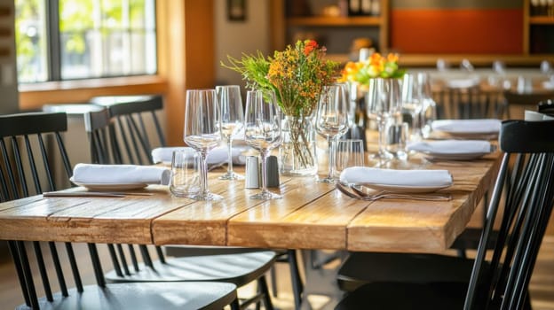 Elegant wooden table is set for dinner in a modern restaurant with flowers centerpiece