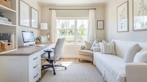 Bright home office with comfortable sofa, desk and large window overlooking backyard in a contemporary style