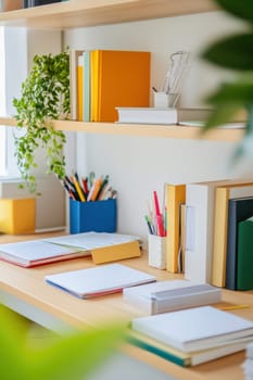Home office desk with colorful books, notebooks and pens, creating a vibrant workspace for studying or working