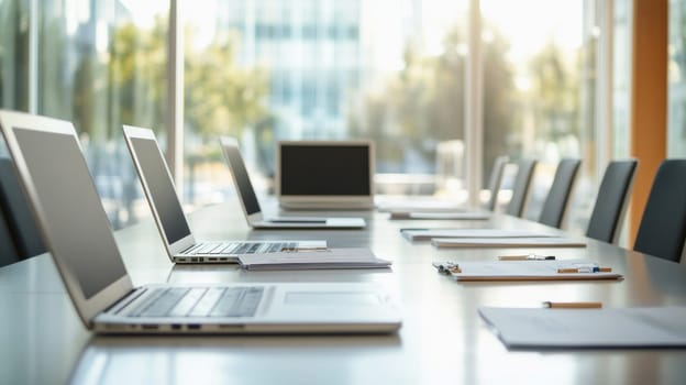 Laptops, documents, and mobile devices arranged on a conference room table, ready for a productive business meeting