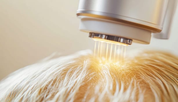 Laser beams stimulating hair growth on client's scalp during professional hair loss treatment