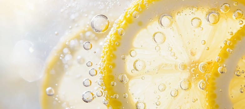 Close up of fresh lemon slice submerged in sparkling water, creating a refreshing and bubbly visual