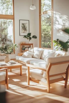Modern, bright living room with wooden furniture and large windows, creating a cozy and relaxing atmosphere