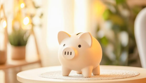 Piggy bank on a table in a cozy living room, symbolizing savings, investment, and financial planning for the future