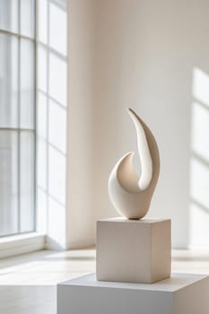 Beige abstract ceramic sculpture on a pedestal in a minimal bright art gallery or museum