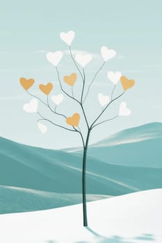 Stylized love tree growing white and gold hearts in a beautiful snowy landscape with rolling hills