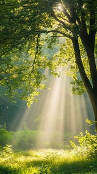 Beautiful sunbeams filtering through lush green trees in a tranquil forest, creating a magical atmosphere